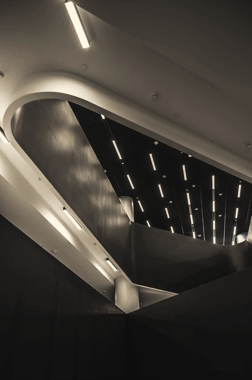 Linear lighting detail across a ceiling plane